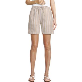 Lands End Linen High Rise Pull On 7 Shorts in Champagne/white Double Stripe at Nordstrom, Size Large