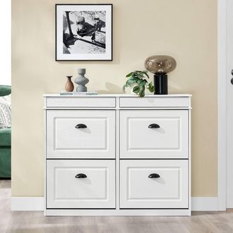 SoBuy Slim Shoe Cabinet - Flip-Down Doors in Off-White