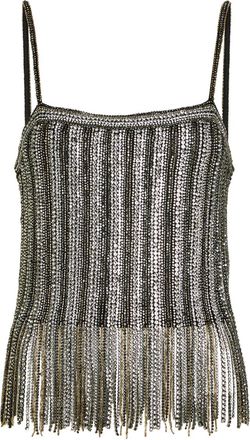 Alice & Olivia Chi Embellished Fringed Stretch-mesh top - Black - S (UK8-10 / S)