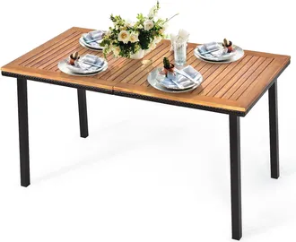 Costway Mesa De Jard&iacute;n Mesa De Exterior Con Agujero Para Sombrilla Mesa De Madera Y Marco De Metal Para Terraza Patio Jard&iacute;n 140x75x76cm - Costway