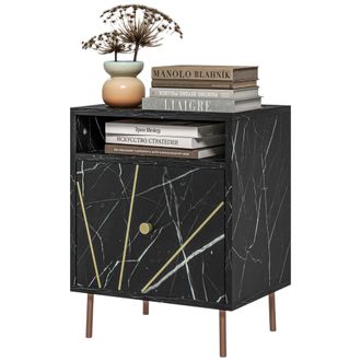 HOMCOM Modern Bedside Table With Drawer And Open Shelf Black Marble Effect | TJ Hughes