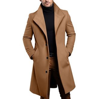 Generic Mens Coat Wool Long Trench Coat with Pocket Casual Single Breasted Notched Lapel Collar Winter Plain Jacket Business Outdoor Office Jackets for Men Uk