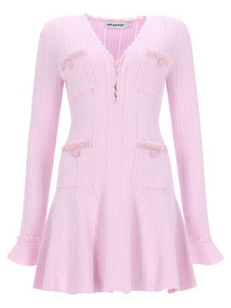 Self Portrait Neutrals Textured Knit Flared Sleeves Mini Dress