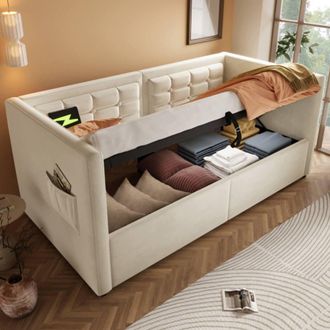 Matteo 3FT Single Sofa Bed with USB &Type-C Charging Station in Beige | Size: Double