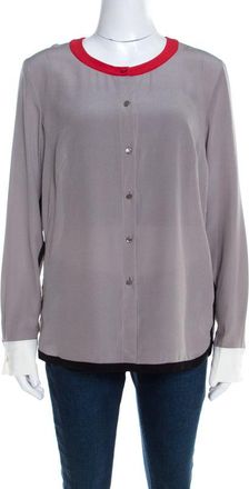 Escada Pewter Grey Silk Contrast Trim Long Sleeve Nendi Blouse