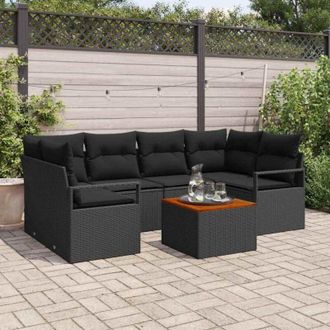 vidaXL Vidaxl - Conjunto De Sof&aacute; De Jard&iacute;n Con Coj&iacute;n 7 Pcs Negro Polirat&aacute;n