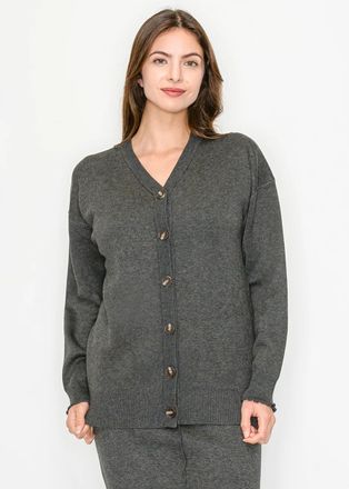 YAL New York Grey Button Front Knit Cardigan with V-Neck