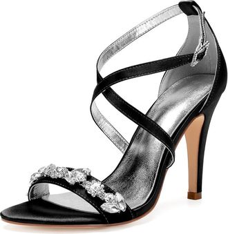 Generic Womens High Bridal Open Toe Ankle Strap Heels Stilettos Sexy Dress Shoes Wedding Bridal Pumps Sandals 10.5Cm,Black,8 UK