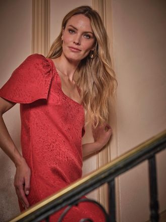 Fat Face FatFace Luna Red Petite Square Neck Jacquard Midi Dress