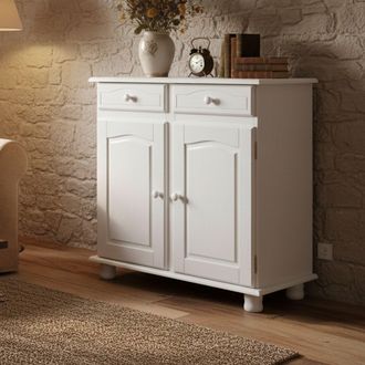 Dmora Buffet 2 Portes 2 Tiroirs En Pin Massif Verni &Agrave; LEau Blanc, 88x43x87h Cm Couleur Blanc - Dmora