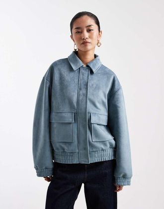 Miss Selfridge Giacca bomber in camoscio sintetico azzurra-Blu