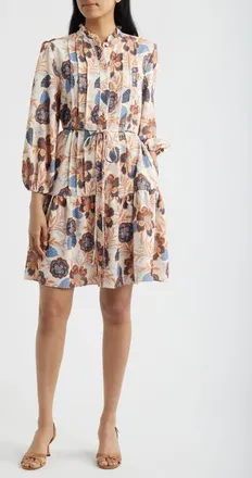 Julia Jordan Floral Ruffle Neck Shirtdress in Sand Multi at Nordstrom, Size X-Small