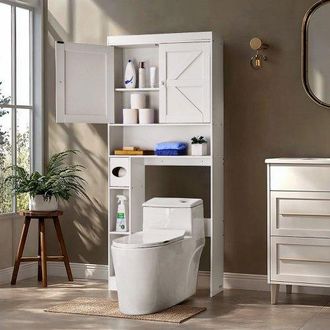 OEM Armario De Almacenamiento Para Inodoro, Con Puerta Doble Y Estante Ajustable, A Ahorrar Espacio Sobre El Inodoro Con Estante Abierto, Blanco, Tablero 