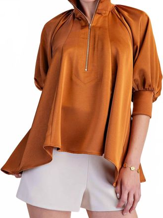 Glam Womens Mock Neck Band Half Zip Puff Elbow Sleeve Blouse In Rust