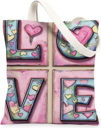 Generic Heart Pattern Canvas Tote Bags, Love Theme Lightweight Washable Reusable Grocery Bags, Spring Romantic Chic Stylish Shoulde, Peach, 13x15 Inch