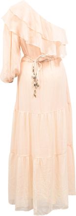 Maje Racha One-Shoulder Ruffled Midi Dress in Beige Viscose