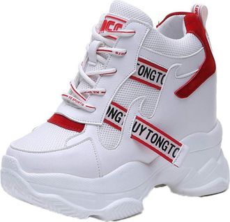 Generic11 Women Trainers High Top Anti-Slip Platform Shoes Patchwork Wearable Stylish Lace-Up Wedge Heel Chunky Shoes for Street Walking Red