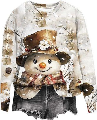 Generic 2025 Christmas Sweatshirt for Women UK Fall Winter Long Sleeve Crewneck Jumper Funny Xmas Tree Snowman Cow Graphic Pullover Tops Dressy Casual Going O