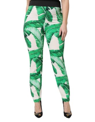 Dolce & Gabbana Womens White Green Leaf High Waist Pants Viscose