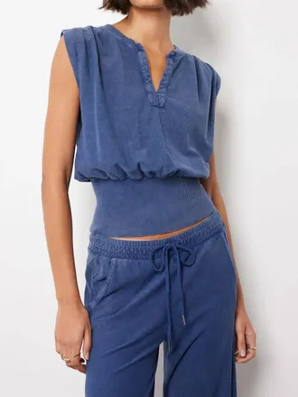 bobi Split Neck Ribbed Tee In Blue