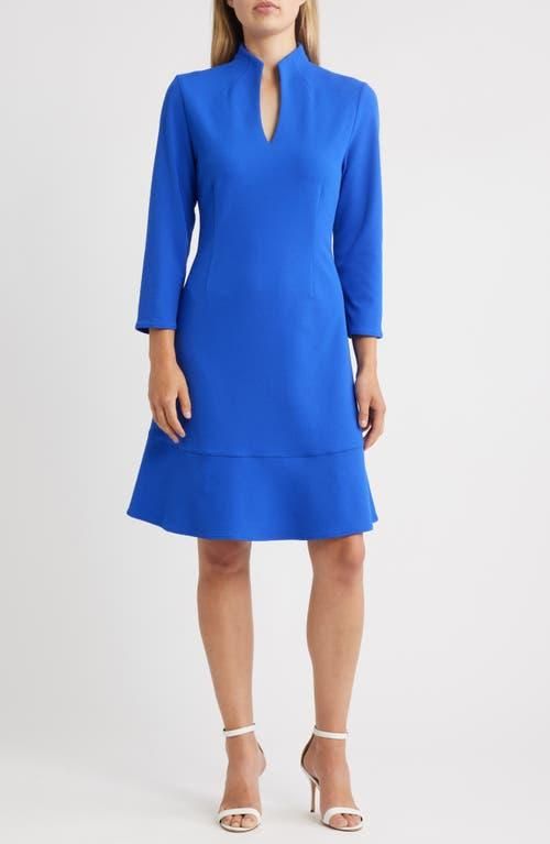 Ming Wang Long Sleeve Stretch Crepe Fit Flare Dress in Sapphire