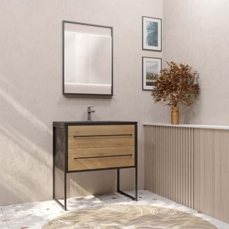 Aurlane Aurlane - Mueble De Ba&ntilde;o 80cm Negro Mate & Madera 2 Cajones Lavabo Negro & Espejo Led