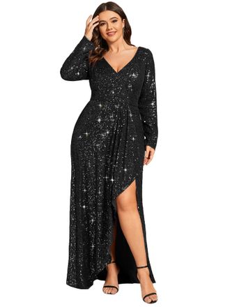 Ever-pretty Womens Long Sleeve V Neck Floor Length Elegant Mermaid with Thigh High Slit Sequin Wedding Guest Dresses Black 14UK