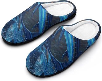 Generic Marlin Fish Ocean Waves Moonlight Slippers Men Winter Warm Cotton Anti-Slip Indoor Slip-Ons House Shoes