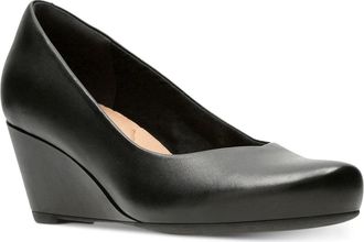 Clarks Flores Tulip Pump Womens Black Leather Round Toe Wedge Heel LION66