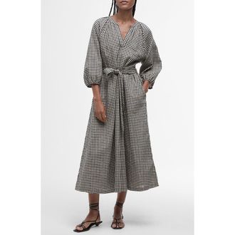 Barbour Suri Gingham Cotton & Linen Midi Dress in Dark Navy Light Sand at Nordstrom, Size 4 Us