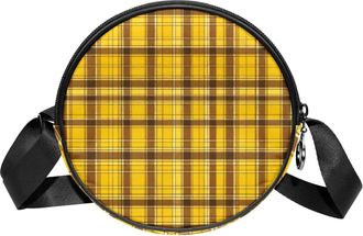 Generic Circle Crossbody Bag for Women, Yellow Retro Plaid Small Sling Bag Daypack with Zipper Adjustable Shoulder Straps Casual Ladies Girls Round Purse
