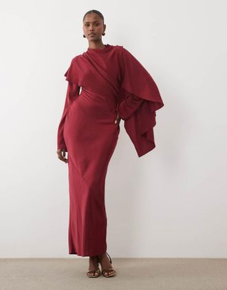 Asos Vestito lungo con mantella asimmetrica e vita raccolta color bacca-Viola