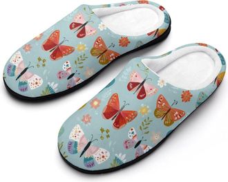 Generic Colorful Butterfly Pattern Mens House Slippers Memory Foam Washable Cotton Slip on Home Shoes
