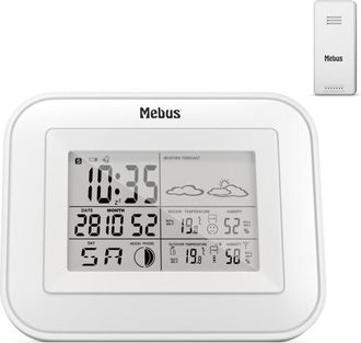 Mebus Funk-Wetterstation mit Au&szlig;ensensor, Komfortindikator, Temperatur, Luftfeuchtigkeit (innen und au&szlig;en), Raumthermometer, Wettervorhersage, Mondphasen