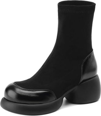 Generic Womens Ankle Boots Round Toe Chunky Block Heels Stretch Fabric Comfortable Non Slip Wear Resistant Party Evening Casual Daily Shoes,Black,6.5 UK