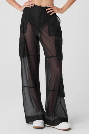 Alo | Sheer Effusion Cargo Wide Leg Trouser in Black, Size: Large