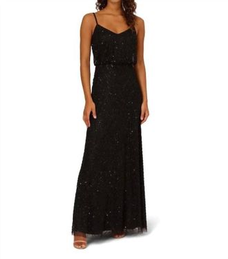 Adrianna Papell V-Neck Floor-Length Sequin Dress In Black