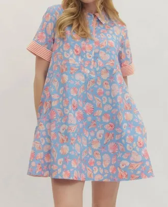 Entro Seashell Printed Mini Dress In Blue/ Pink
