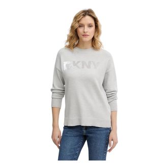 DKNY Sequin Logo Embellished Sweater - Dames - Ronde hals truien - Grijs - L - Denim - Truien & Vesten