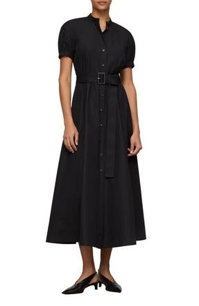 Lafayette 148 New York Puff Sleeve Belted Cotton Poplin Shirt Dress in Black at Nordstrom, Size 12