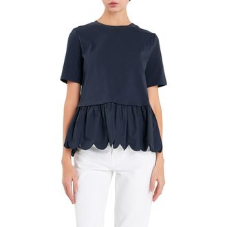 English Factory Mixed Media Scallop Peplum Cotton Top in Navy at Nordstrom Rack, Size X-Small