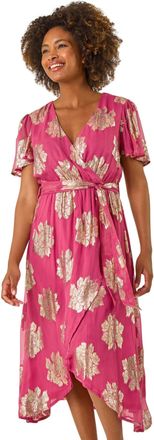 Roman Womens Jacquard Midi Wrap Dress - Pink - Size 16 UK