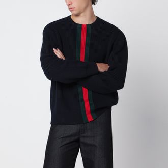 Gucci Maglione blu in lana con dettaglio Web
