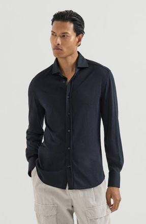 Brunello Cucinelli Silk and cotton lightweight jersey shirt with spead collar in Blue at Nordstrom, Size Xxx-Large
