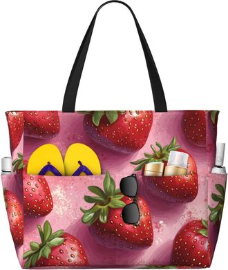 Generic Pink Strawberry Print Large Beach Bag Foldable Travel Shoulder Tote Bag With Pocket For Weekender Pool Vacation