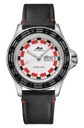 Mido Ocean Star Worldtimer Automatic Leather Strap Watch, 40.5mm in Red at Nordstrom