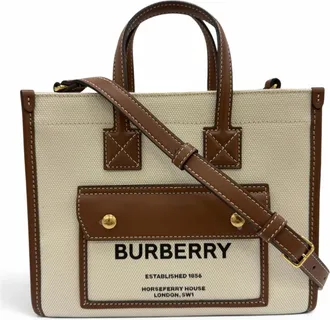 Burberry Brown Ivory Canvas Leather Shoulder Bag Tote Bag (Pre-Owned)
