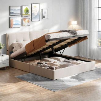 OEM Cama 140x200 Cm - 250205qlt - Led - Hidr&aacute;ulica - Moderna - Terciopelo - Marco De Cama Doble 140x200 Cm - Beige