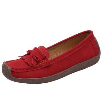 Generic Womens Classic Bowknot Loafers Soft Cow Suede Driving Casual Boat Flat Shoes for Everyday Fashion Comfort (Red, 6.5)