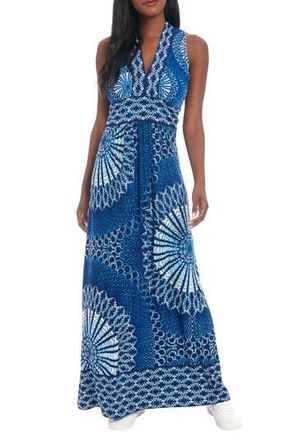 London Times Sleeveless Stretch Jersey Maxi Dress in White/Navy at Nordstrom Rack, Size 12